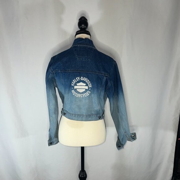 Harley Davidson Denim Cropped Ombré Jean Jacket XS Vintage Biker Motorcycle - Picture 6 of 14